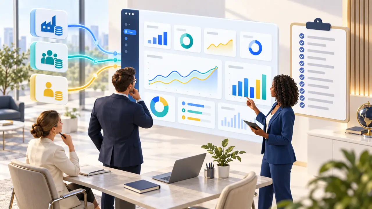 Tableau de bord de pilotage avec indicateurs financiers, RH et commerciaux