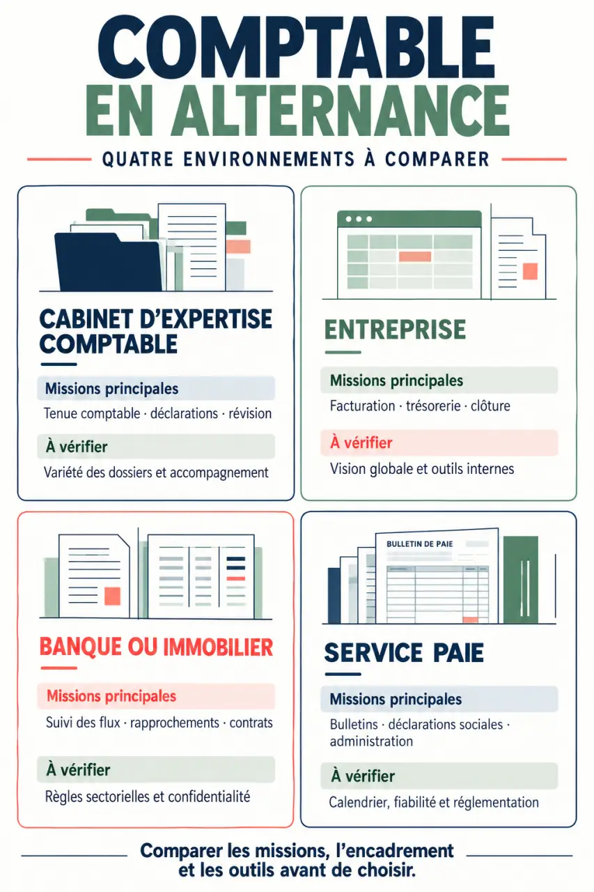 Comptable alternance : comparaison des environnements de travail en cabinet, entreprise, banque et paie
