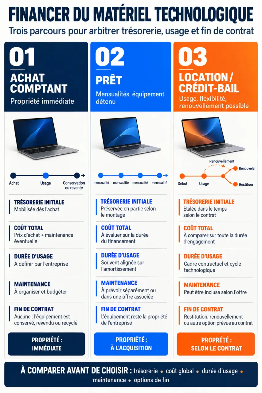 Infographie sur le financement de matériel technologique : achat, prêt, crédit-bail et location