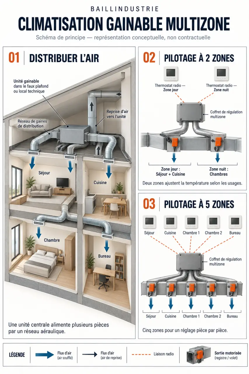 Infographie bail industrie sur le fonctionnement d'une régulation gainable multizone à 2 ou 5 zones