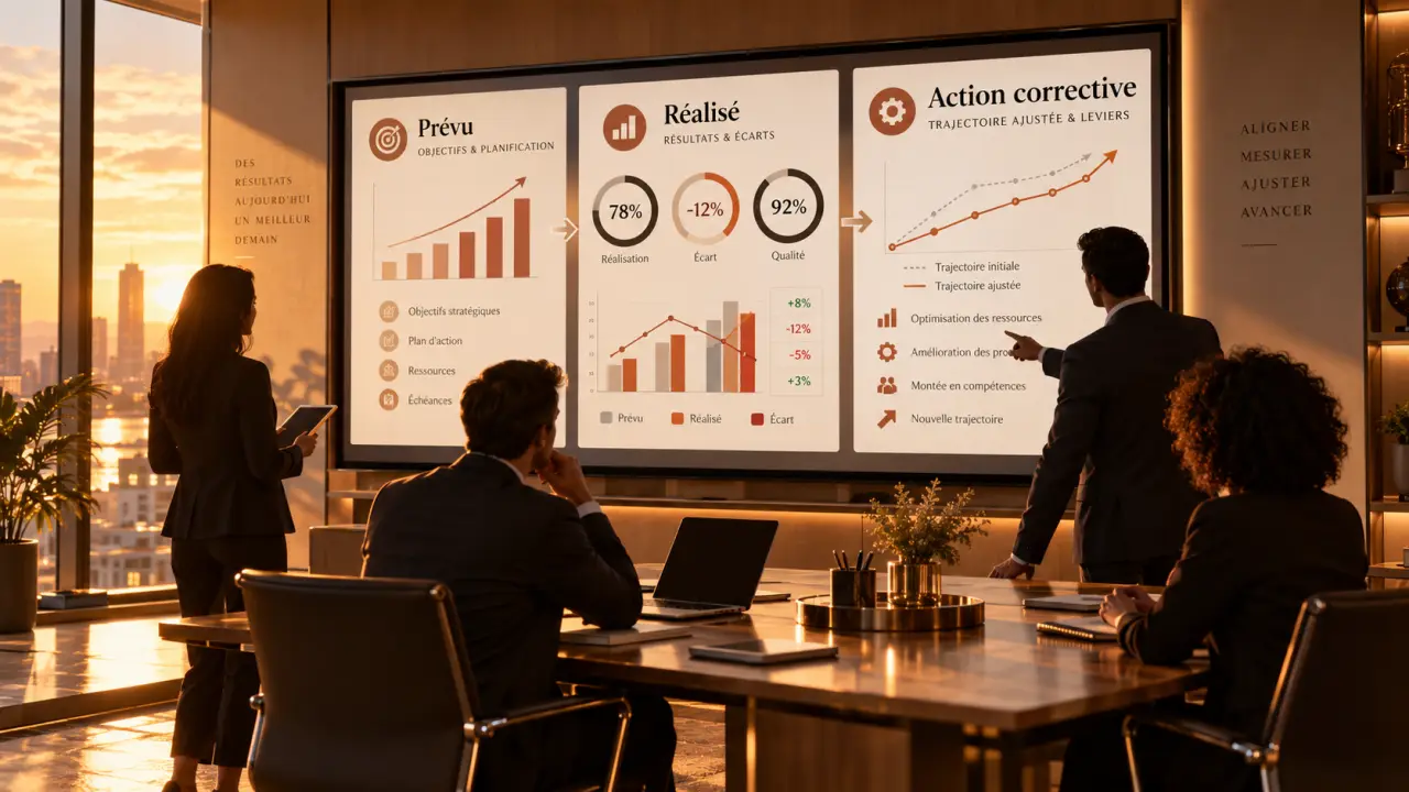 Le tableau de bord management relie le prévu, le réalisé et l’action corrective