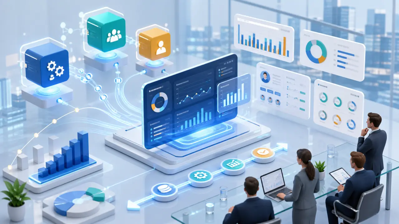 Tableau de bord numérique flottant avec graphiques lumineux, style corporate