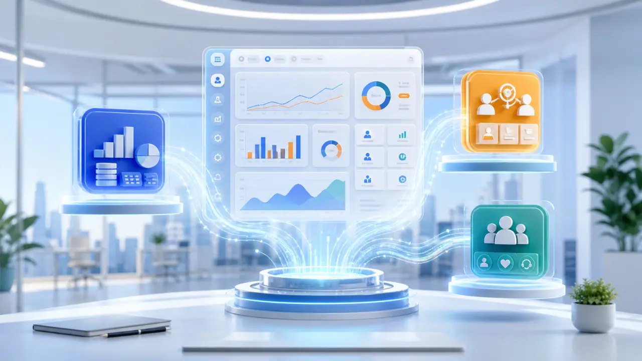 Tableau de bord numérique illustrant l'unification ERP, CRM et SIRH
