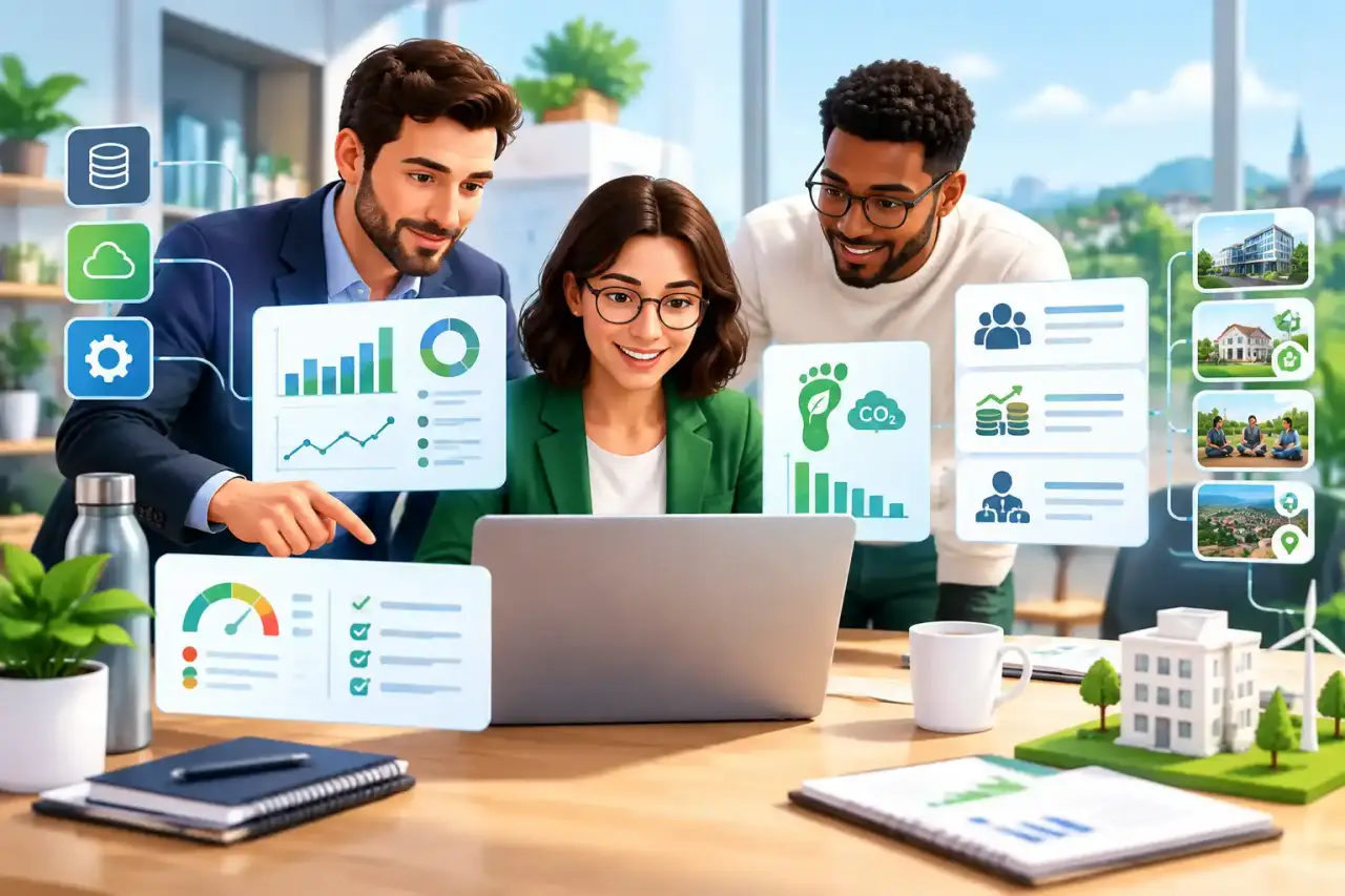 Illustration d'un tableau de bord de bilan carbone pour PME avec graphiques et indicateurs