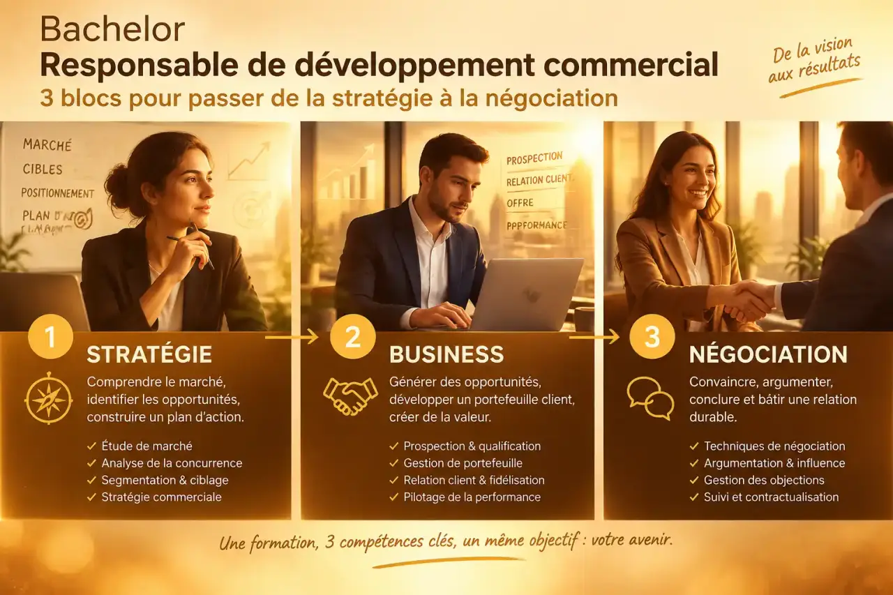 Bachelor responsable de développement commercial : 3 blocs pour passer de la stratégie à la négociation