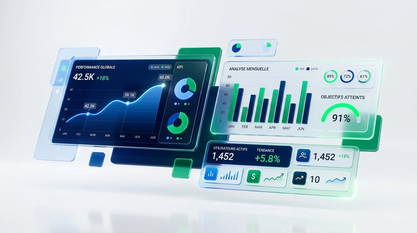 Tableau de bord numérique flottant avec graphiques lumineux