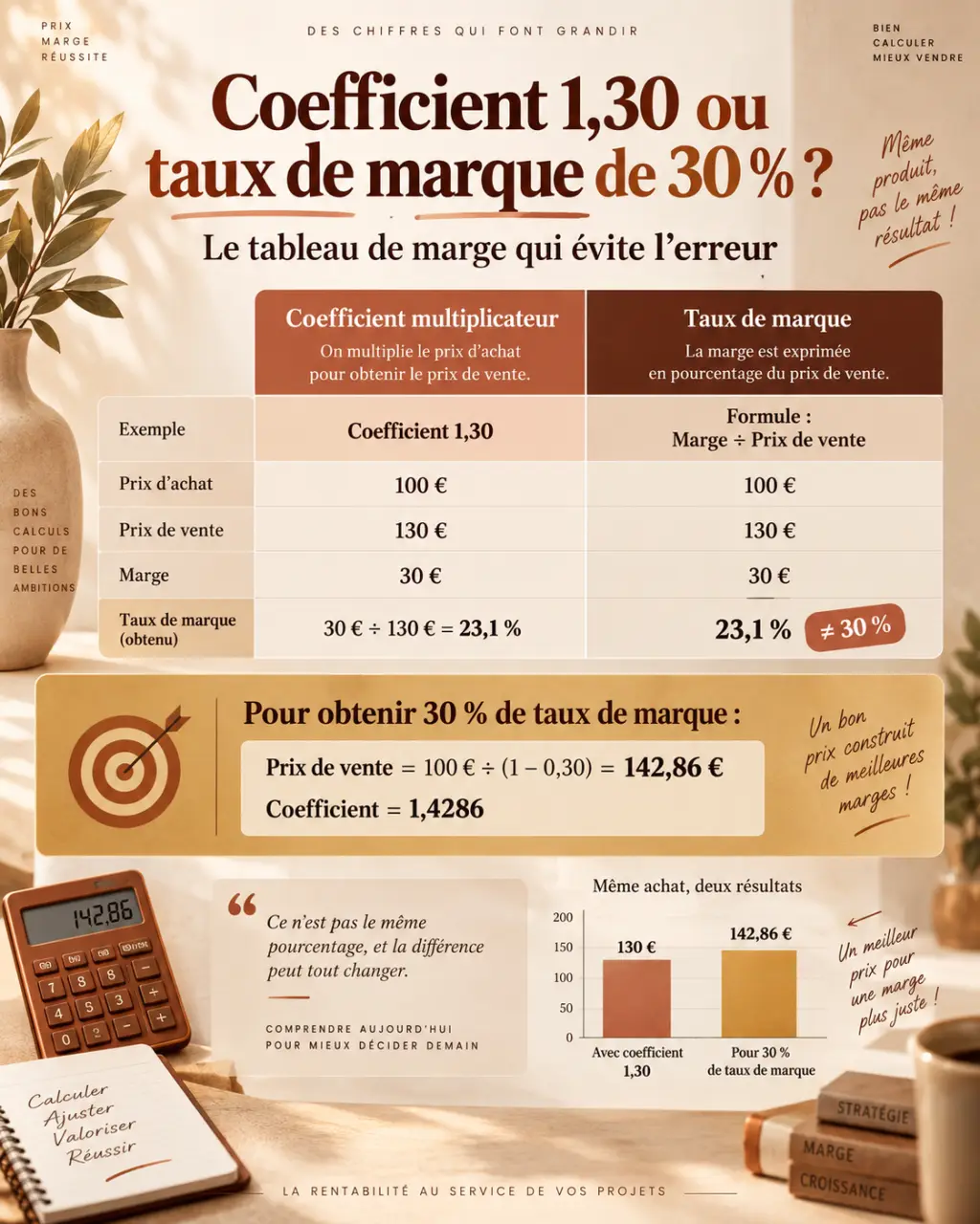 Coefficient 1,30 ou taux de marque de 30 % : le tableau de marge qui évite l’erreur