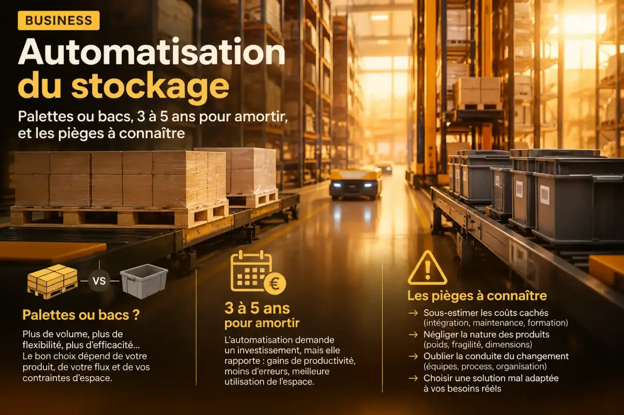 Automatisation du stockage : palettes ou bacs, 3 à 5 ans pour amortir, et les pièges à connaître